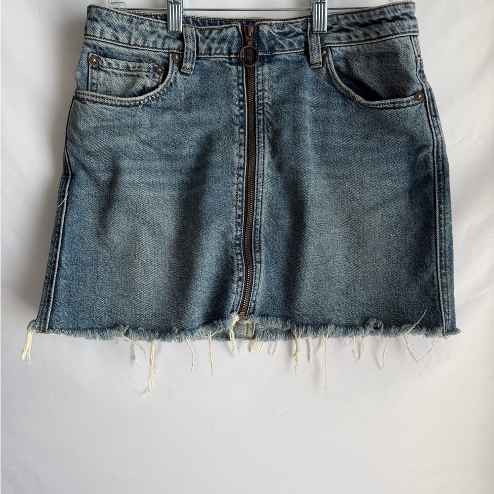 We The Free Blue Denim Mini Skirt with Frayed Hem